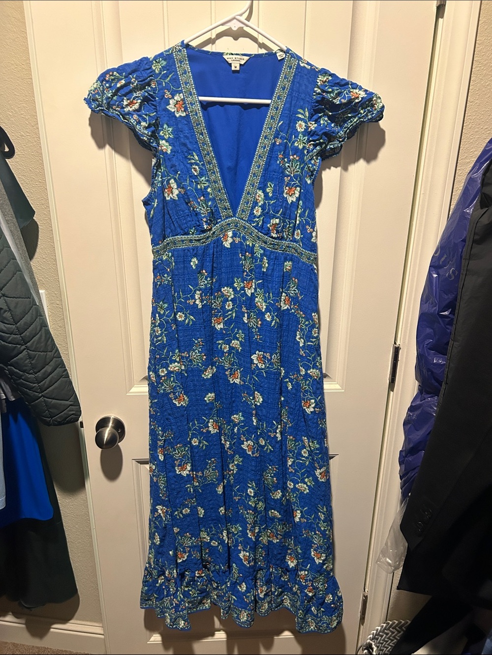 Max Studio Royal Blue Floral Maxi Dress with V-Neck
